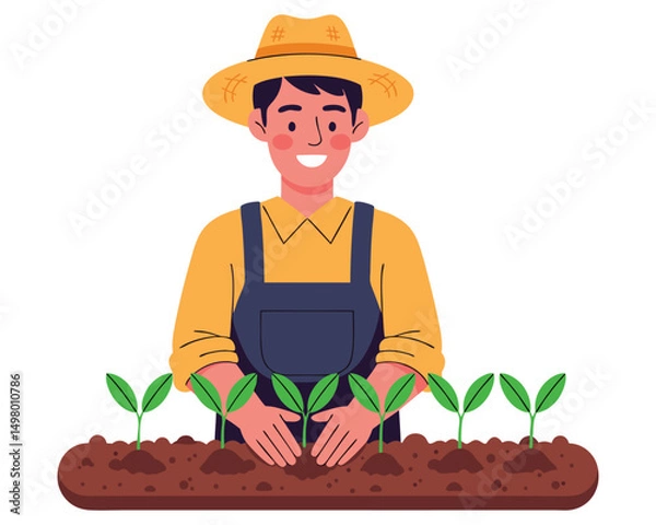Fototapeta Cheerful Man in Hat Planting Seedlings in Soil - Vector Concept of Gardening and Agriculture