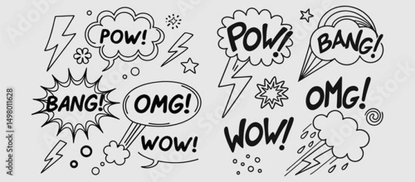 Fototapeta Comic boom cartoon effect line element set. Comic speech bubble pow, boom text, explosive splash smoke, wow cartoon vector icon. Hand drawn sketch doodle explosive element. Vector illustration. EPS.