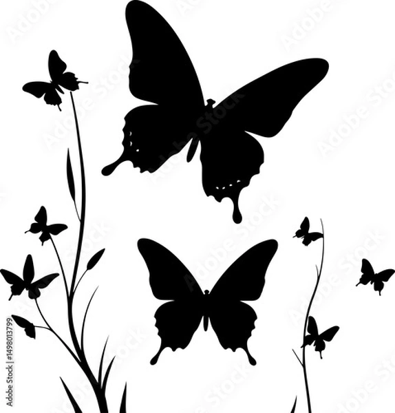 Fototapeta Graceful black butterfly silhouettes with botanical elements, ideal for elegant nature-themed designs, wall decals, and artistic decorations.
