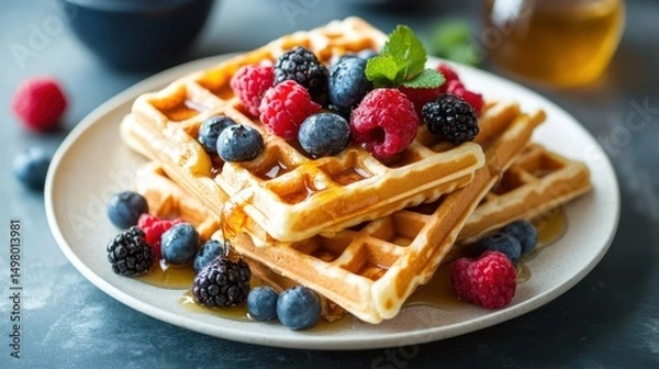Obraz Stack of waffles topped with fresh berries and drizzled with sweet maple syrup