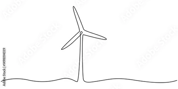 Obraz Continuous one line wind farm turbines vector illustration, Continuous one line drawing of wind turbine power , sustainable energy. Wind turbines power outline vector illustration. Editable stroke.