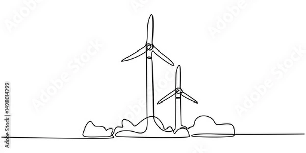 Obraz Continuous one line wind farm turbines vector illustration, Continuous one line drawing of wind turbine power , sustainable energy. Wind turbines power outline vector illustration. Editable stroke.