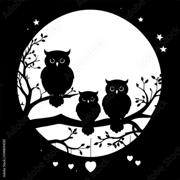Fototapeta Charming owl family silhouette on a branch under a full moon, perfect for enchanting wall art, nursery decor, and nature-inspired crafts.
