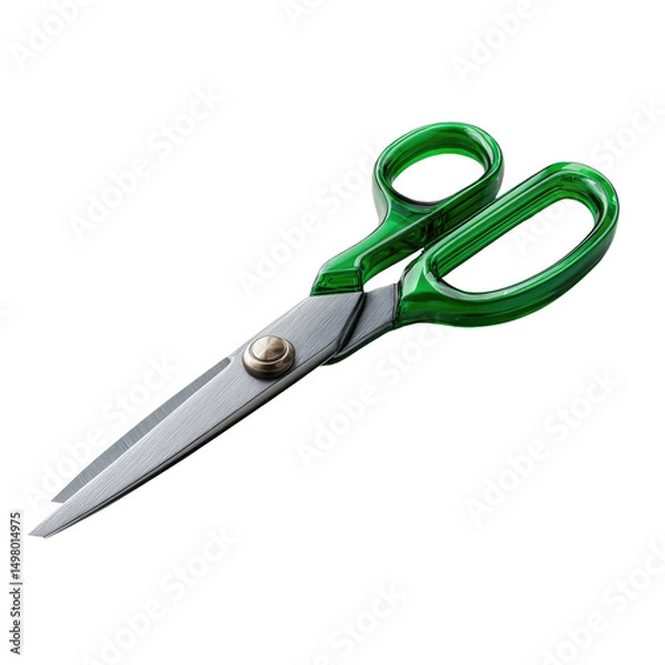 Fototapeta A pair of sharp shears with bright green plastic handles and a long, pointed blade, isolated on a black background