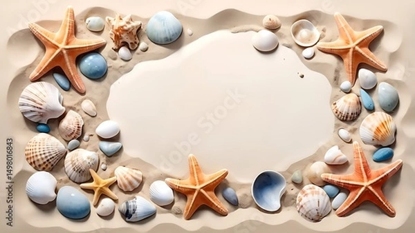 Fototapeta Minimal summer illustration, beach composition with seashells, starfish and pebbles on sand. Copy space background.