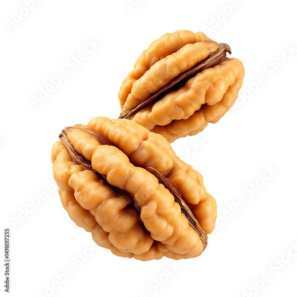 Fototapeta Two Delicious Walnut Shaped Cookies Fillings Chocolate Cream Flying Isolated On A Transparent Background