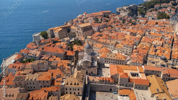 Obraz Aerial view of the Cathedral of the Assumption of Mary in Dubrovnik. View from above of the church in the center with the roofs of the houses of the historic city of Dubrovnik, Croatia