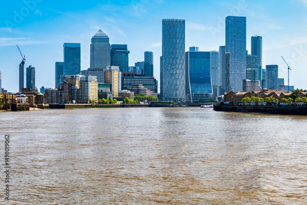 Fototapeta View of Canary Wharf and the River Thames in London, England