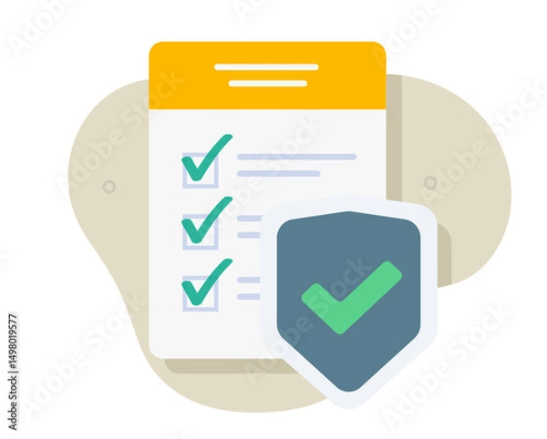 Fototapeta Policy claim protection shield icon vector, check list document secure safety sign symbol flat cartoon graphic illustration, insured checkmark checklist fraud warranty info image clip art
