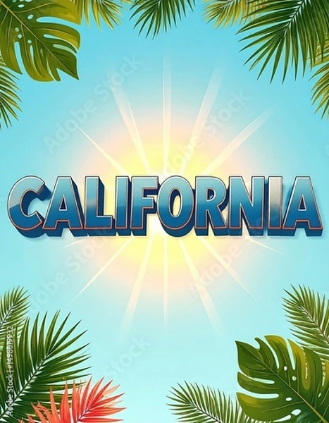 Fototapeta California summer vibes with tropical palm leaves and sunburst background