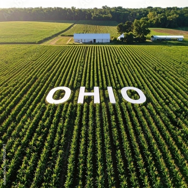 Fototapeta Aerial view of ohio cornfield with large lettering on a sunny day