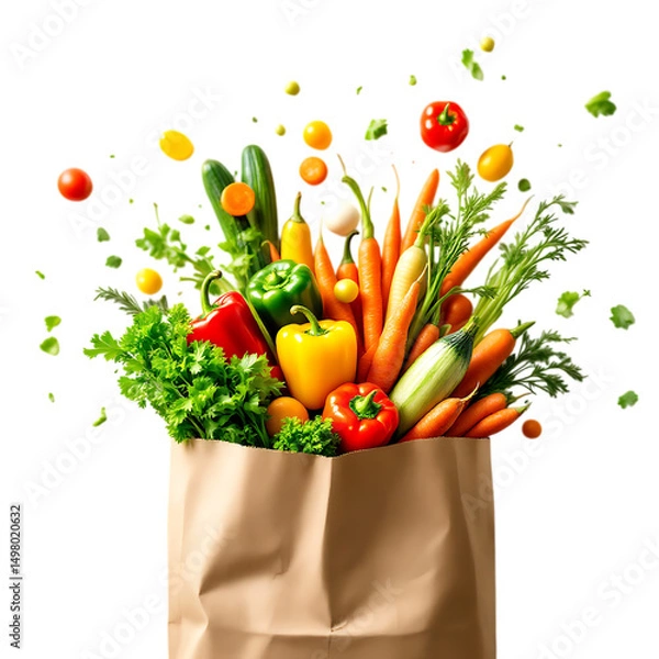Fototapeta Various Vegetables Spilling From A Grocery Bag On A Transparent Background Still Life Composition