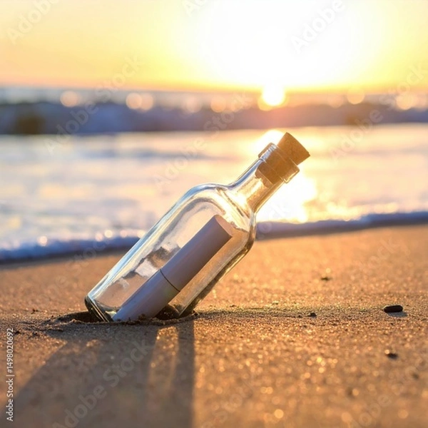 Fototapeta Message in a bottle on sandy beach at sunset with ocean waves in background