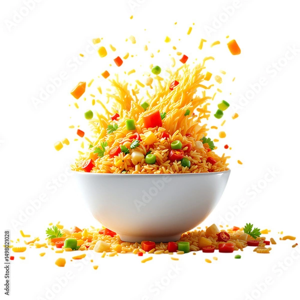 Fototapeta A bowl of vibrant rice with vegetables and a burst of flavorful explosion floating above