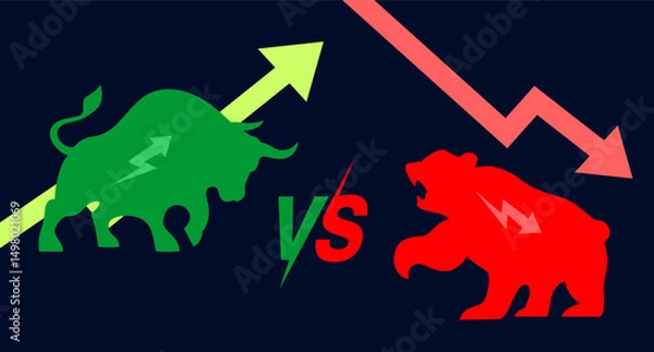 Fototapeta Green Bull vs Red Bear stock market illustration with arrow graph on blue background 