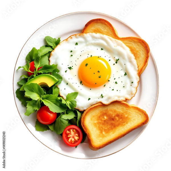 Fototapeta Healthy Breakfast Plate with Fried Egg Toast Avocado and Salad On a Transparent Background