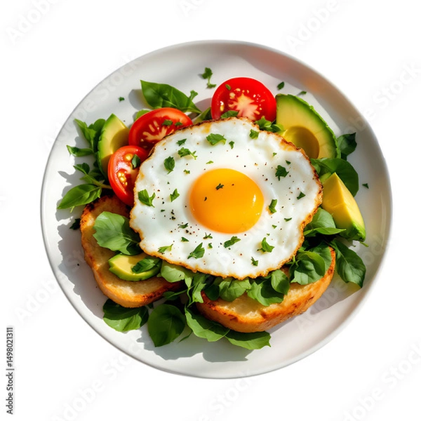 Fototapeta A Delicious and Healthy Breakfast Toast Topped with Egg and Fresh Green Avocado Slices