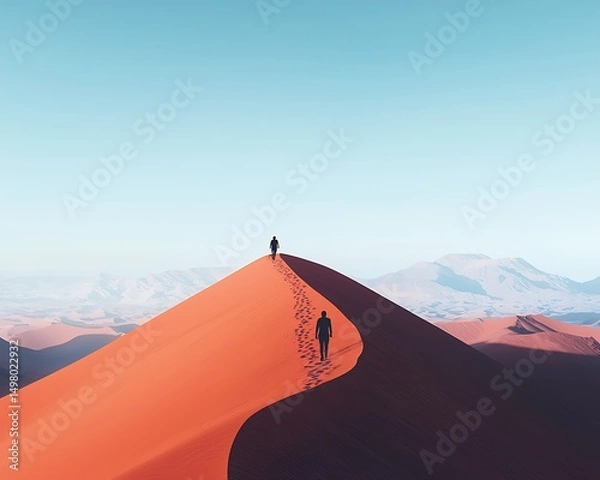 Fototapeta Two figures ascend a vast red dune