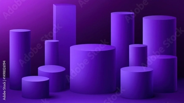 Obraz Purple cylinder podium scene with different sizes and shapes on a dark violet background