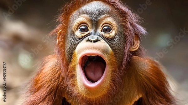 Obraz Portrait of a funny, cute baby orangutan with an open mouth, screaming in surprise and awe