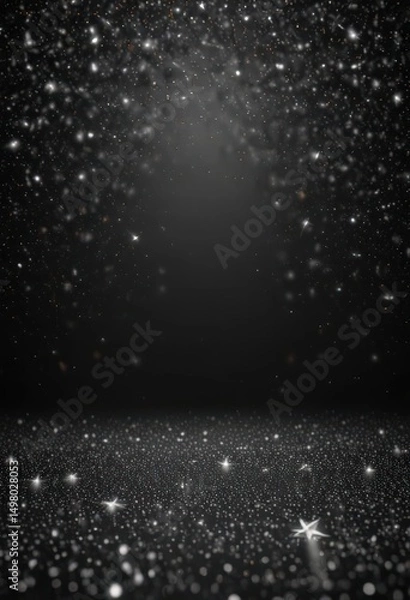 Fototapeta Silver glitter stars twinkle on black, festive backdrop, sparkly, glamour, shiny