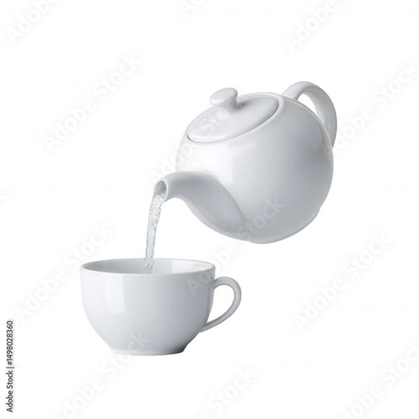 Obraz Water pours from a white ceramic teapot into a matching cup against a clean white backdrop creating a simple yet elegant and minimalist visual aesthetic.