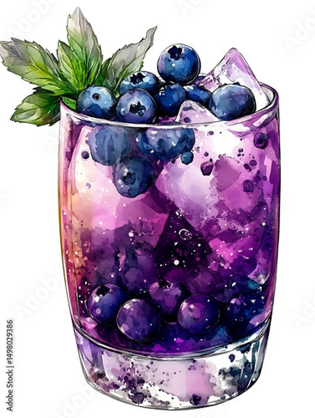 Obraz Art watercolor illustration painting bright blueberry refresh cocktail decorated with mint leaves and ice. On isolated transparent background. Perfect for summer drinks,menu and vacation concepts.