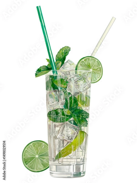 Obraz Watercolor clipart illustration of refreshing tropical mojito cocktail with mint, lime and ice with a straw, on a cut-out transparent background. perfect for a summer menu and vacation theme.