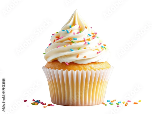 Fototapeta A cupcake with white frosting sprinkles  isolated on white background.png isolated on transparent background 