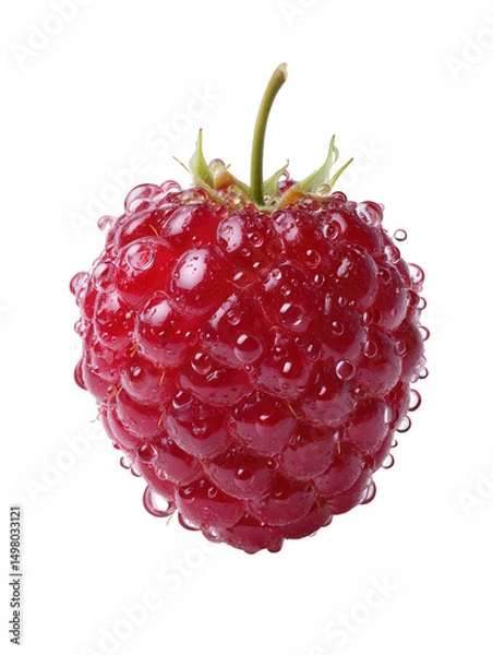Fototapeta An isolated close-up shows a vibrant red raspberry with delicate water droplets clinging to its textured surface against a crisp white background, very fresh look.