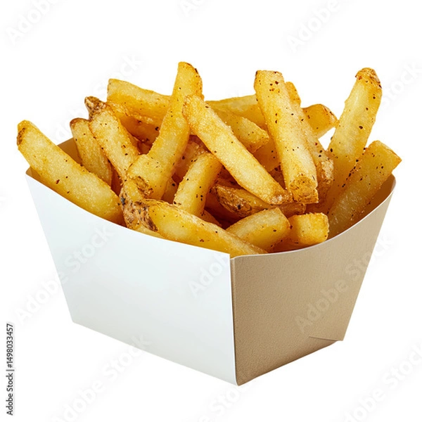 Fototapeta Crispy golden french fries served in a simple container, enticing close-up shot. 