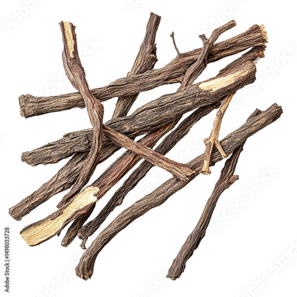 Fototapeta A collection of dried licorice roots, their woody texture and dark hue hinting at the rich flavors within, evoking feelings of natural goodness and culinary tradition.