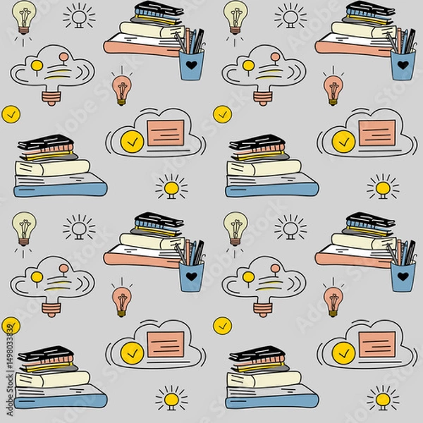 Fototapeta Seamless educational pattern with books, light bulbs, cloud icons, and stationery. Perfect for school designs, learning platforms, and digital planners.