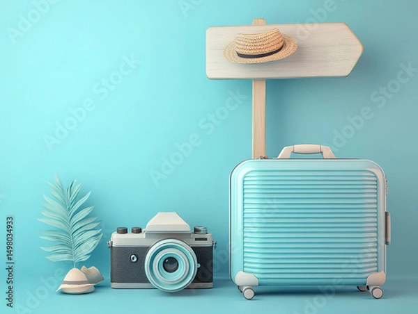 Fototapeta Stylish Travel Setup with Camera and Suitcase