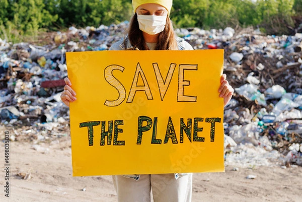 Obraz A woman holds a Save the Planet sign at a landfill, surrounded by waste. This image powerfully captures the urgency of addressing pollution and the need for environmental action.