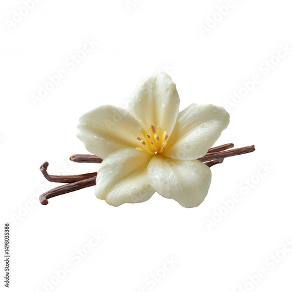 Obraz Close up of a vanilla flower with its pods on a white background showcasing the beauty and delicateness of the ingredient used in cooking and perfumes.