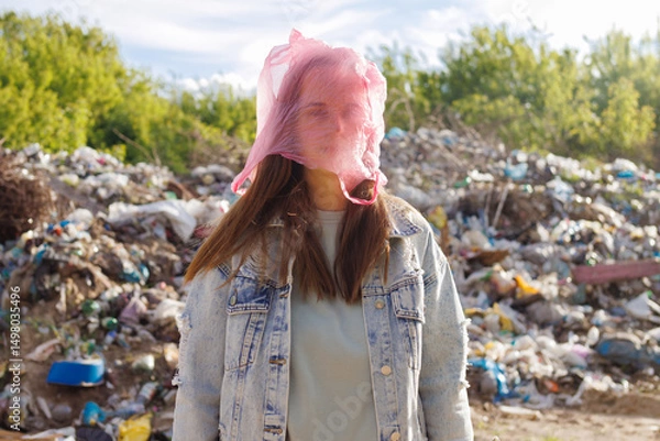 Fototapeta A woman with a plastic bag over her head stands at a landfill, symbolizing the suffocation and harm of plastic pollution on the environment.