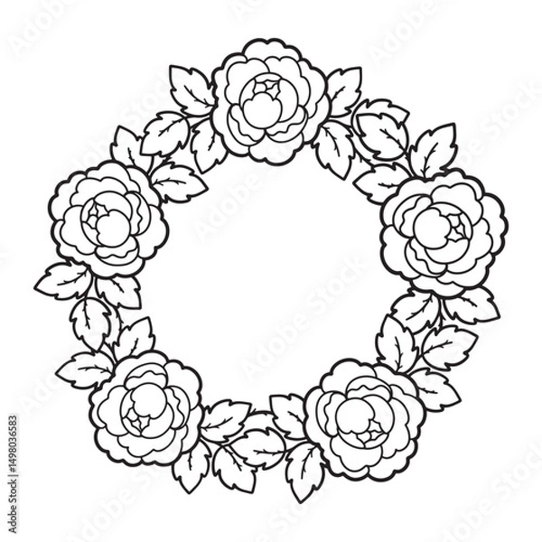 Obraz Flower wreath, outline drawing, coloring page, line art, rose wreath, peony wreath, vector, logo. Graphic ornament for postcard, invitation, tattoo