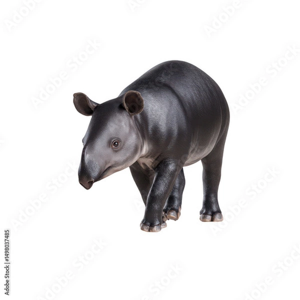 Fototapeta A young Malayan tapir with smooth, dark fur walks forward against a plain white background, showcasing its unique physical characteristics in detail.