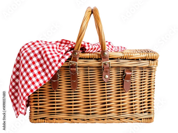 Fototapeta Wicker picnic basket with checkered cloth  isolated on white background.png isolated on transparent background 