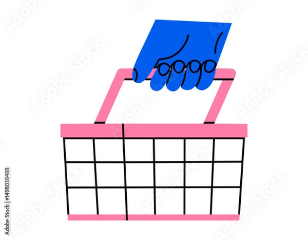 Obraz Hand drawn cute cartoon illustration hand holding empty shopping basket. Flat vector store container sticker doodle. Supermarket product bag in arm. Customer payment icon. Food delivery. Isolated.