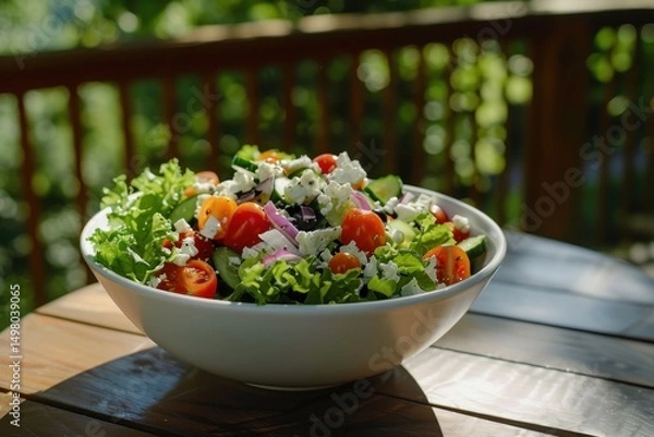 Fototapeta Fresh summer salad with tomatoes, cucumber and feta cheese on wooden table