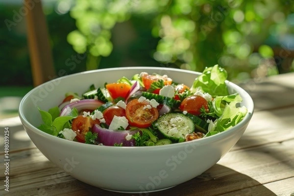 Fototapeta Fresh summer salad with tomatoes, cucumber and feta cheese on wooden table