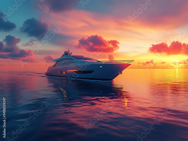 Fototapeta Elegant Motor Boat Drifting on the Calm Ocean at Dawn