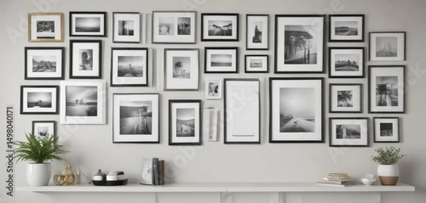 Obraz Blank photo frame gallery wall template, diverse styles & sizes on white,  mockup template,  interior,  vintage