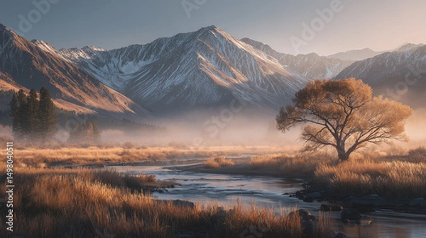 Fototapeta Lone tree by a river with snow-covered mountain range in misty light, soft muted tones, peaceful wilderness landscape for travel, serenity and nature backgrounds