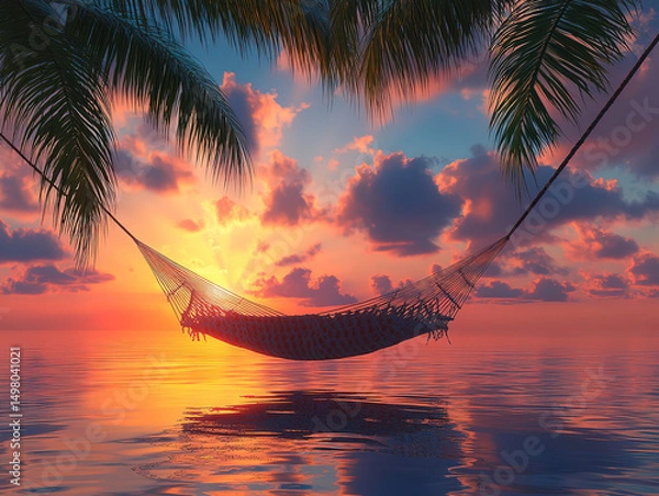 Fototapeta Dreamy Beachside Escape with Hammock, Ocean Breeze, and Sunset