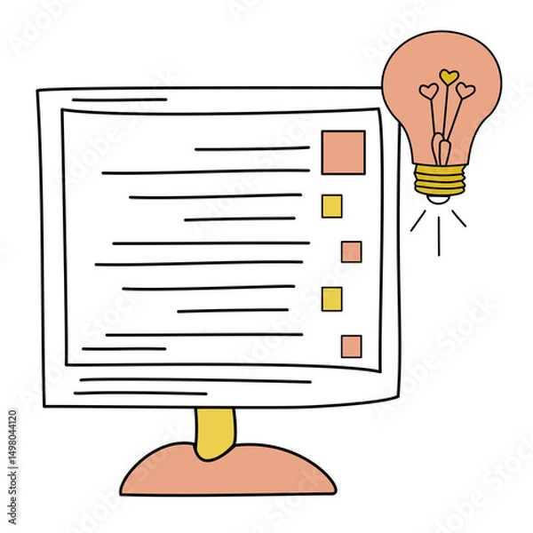 Fototapeta Cute hand-drawn illustration of a computer screen with a glowing light bulb, symbolizing digital productivity and creative thinking. On white background.