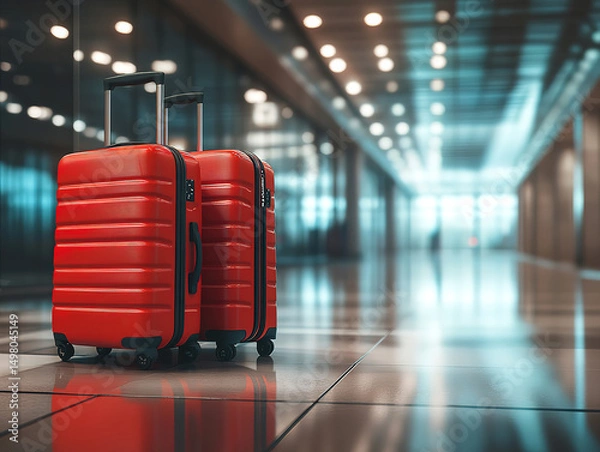 Fototapeta Red Suitcases in Modern Airport Terminal