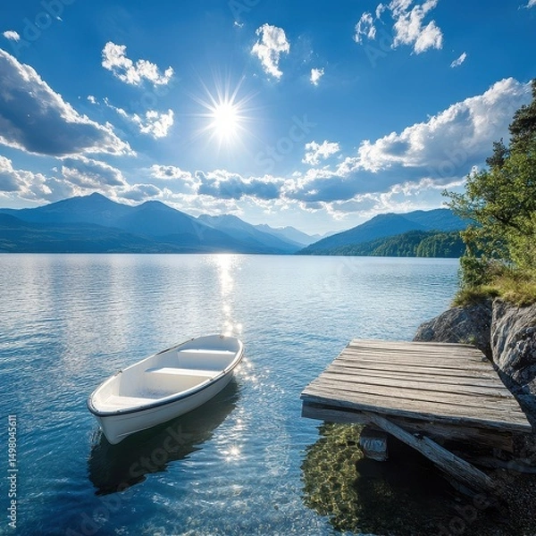 Obraz Lake view with boat and wooden dock
